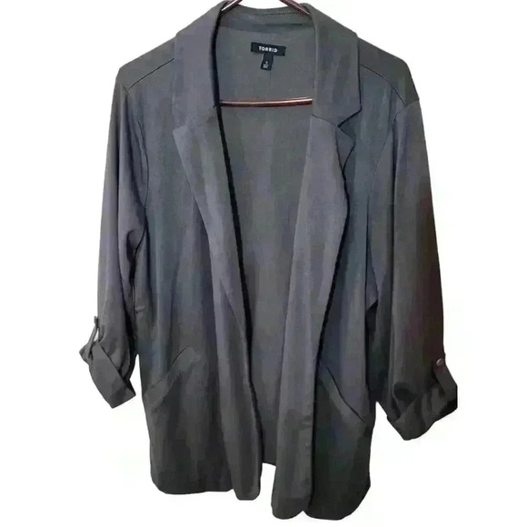 Torrid Blazer Womens 3X Gray Jersey Knit Open Front Tab Sleeve Pockets Career - Picture 1 of 13